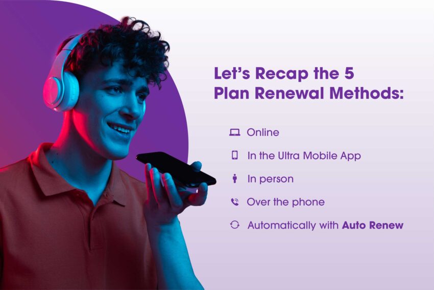 man with red shirt and headphones speaking into his cellphone and titled let's recap the 5 plan renewal methods: online, ultra mobile app, in person, over the phone, auto renew