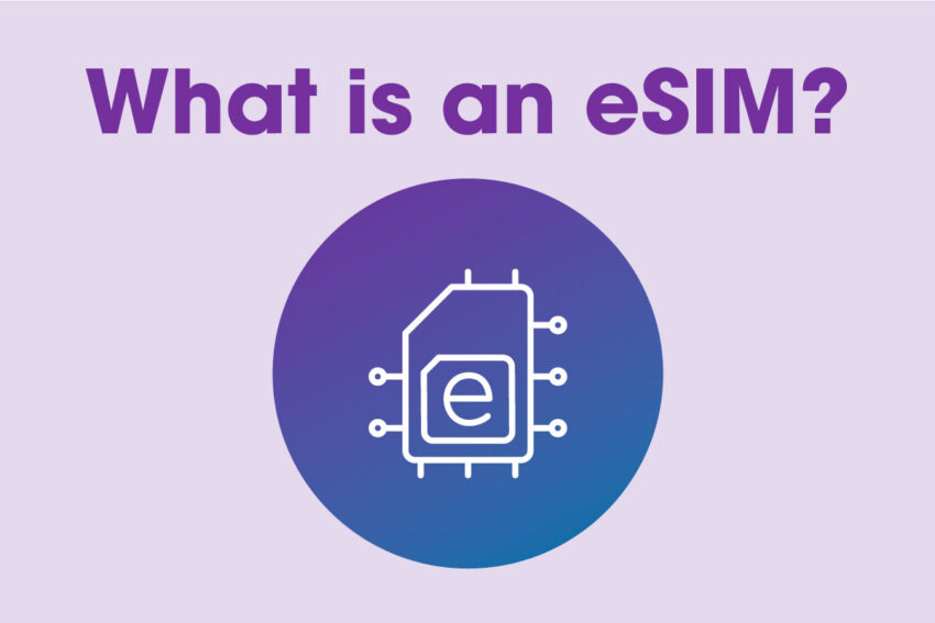 a gradient blue/purple circle with an esim in the middle and title what is an esim