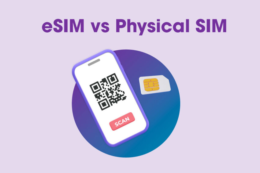 gradient blue circle with a phone in the center that has a QR code to scan and titled esim vs physical sim
