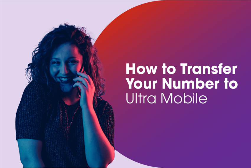 a girl with a black shirt on smiling while talking on the phone and titled how to transfer your number to ultra mobile