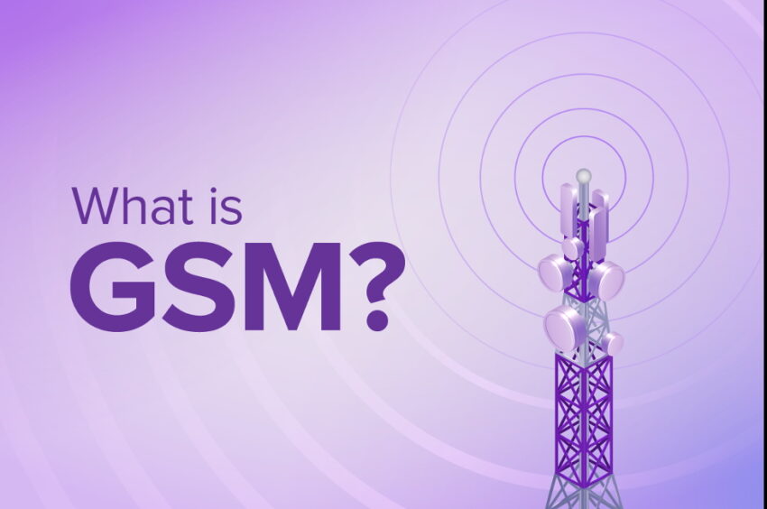 what is gsm with a tower on it on a purple background