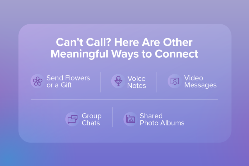 Ways to stay connected with mom: send flowers or gift, voice note, video message, group chats, shared photo albums