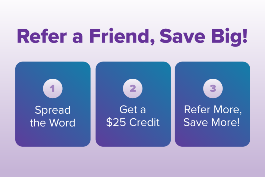 refer a friend, save big: 1. spread the word 2. get a $25 credit 3. Refer more, save more
