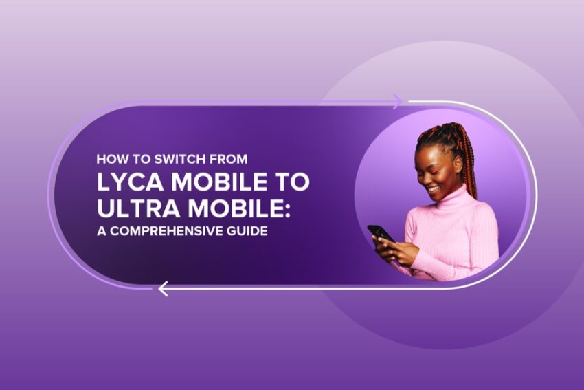 how to switch from lyca mobile to ultra mobile: a comprehensive guide with a girl that has a pink sweater looking down at her phone smiling