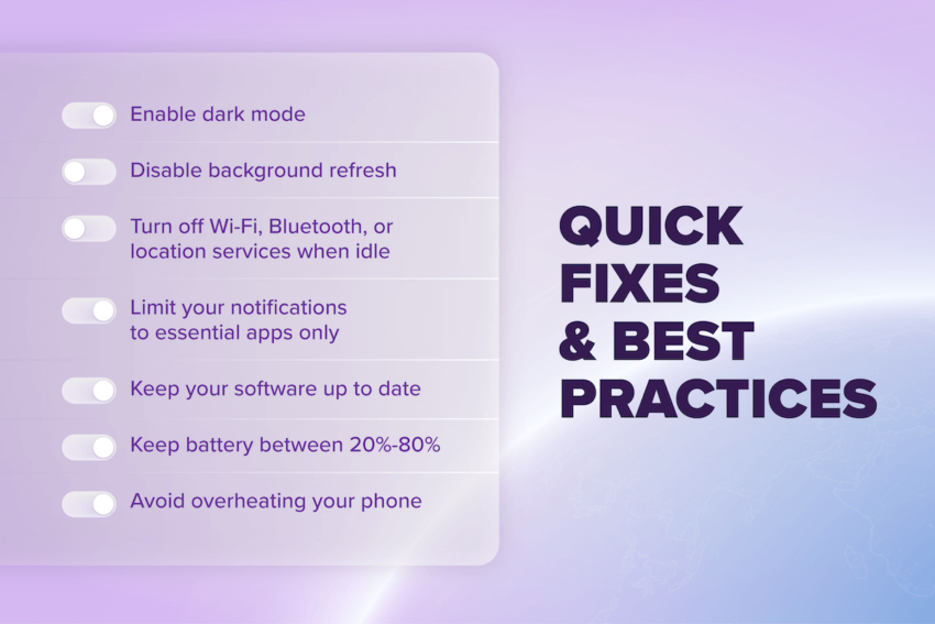 quick fixes and best practices: Enable dark mode, disable background refresh, turn-off wifi, bluetooth, limit your notifications to essential apps, keep your software up to date, keep battery between 20-80%, avoid overheating your phone