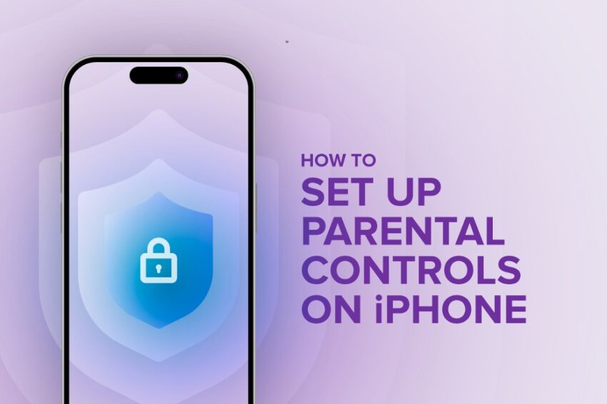 how to set up parental controls on iphone with an iphone and a lock icon in the middle and a purple background
