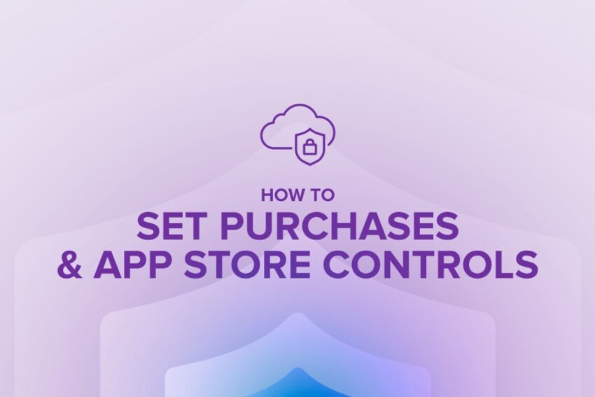 how to set purchases and app store controls with a cloud icon and a lock icon on a purple background