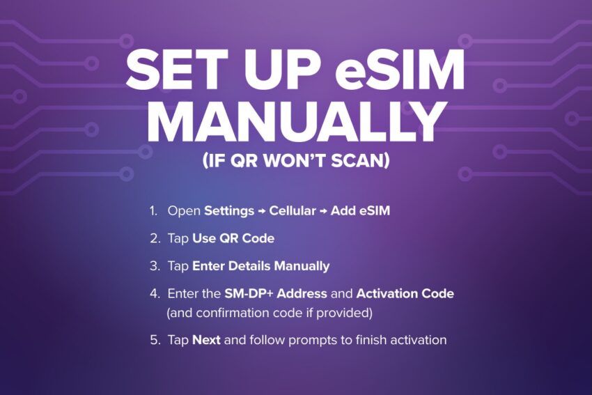 Set up esim manually instructions: Open settings, cellular, add esim, use QR code, enter details manually, enter the SM-DP+Address and activation code