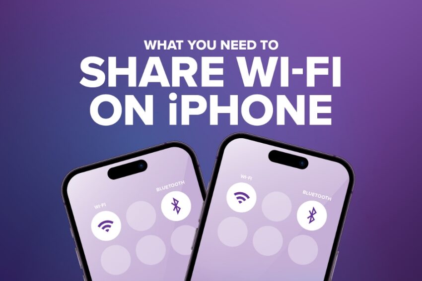 what you need to share wifi on iphone with 2 iphones that have the wifi highlighted and the bluetooth highlighted on a purple background