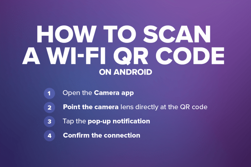 how to scan a wifi QR code on Android: Open the camera app, point the camera lens directly at the QR code, tap the pop-up notification, and confirm the connection