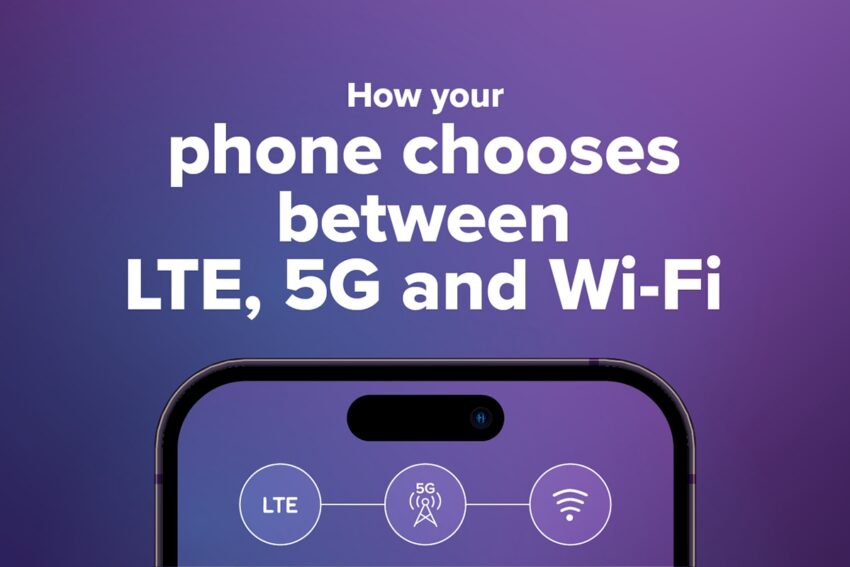 How your phone chooses between LTE, 5G, and Wi-Fi with an iphone on a purple background