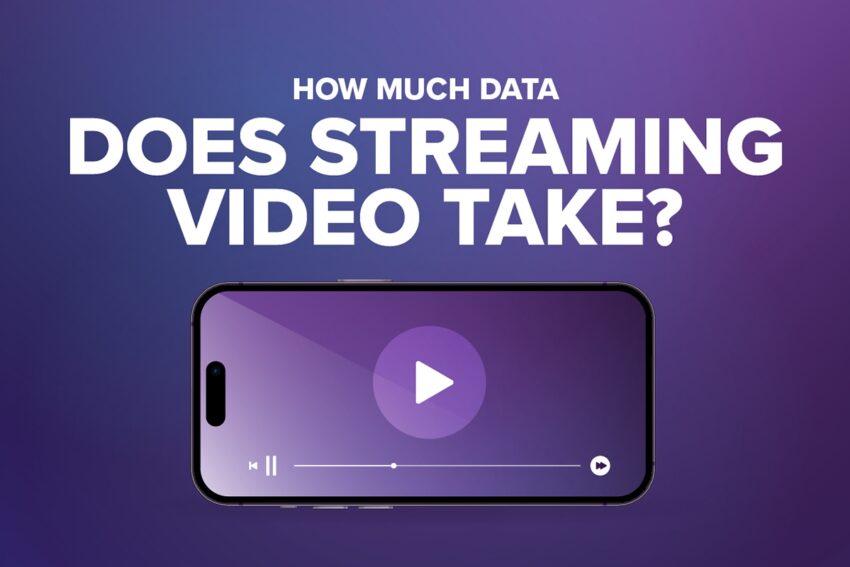 How much data does streaming video take? with an iphone icon and a purple background
