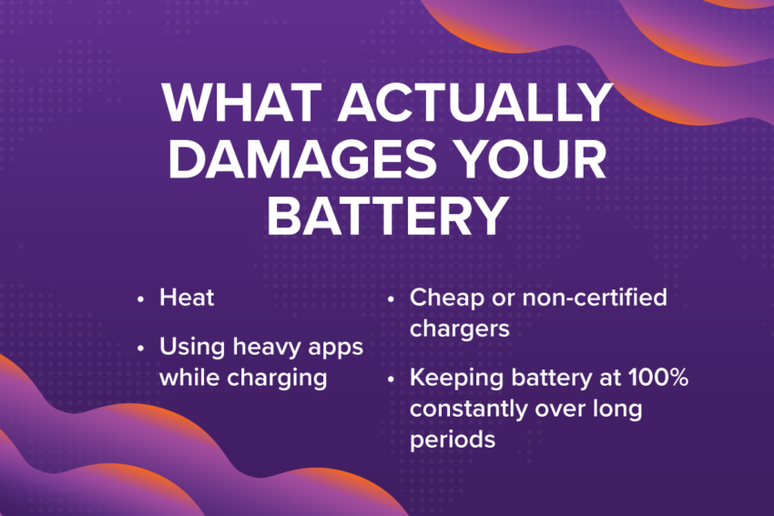 what actually damages your battery: Heat, cheap or non-certified charges, using heavy apps, keeping battery at 100% constantly over long periods