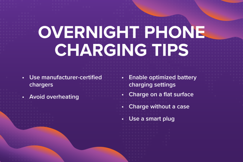 Overnight phone charging tips: certified chargers, avoid overheating, enable optimized battery charging settings, charge on flat surface, charge without a case, use a smart plug