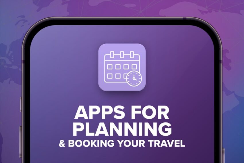 Apps for planning and booking your travel with a purple background