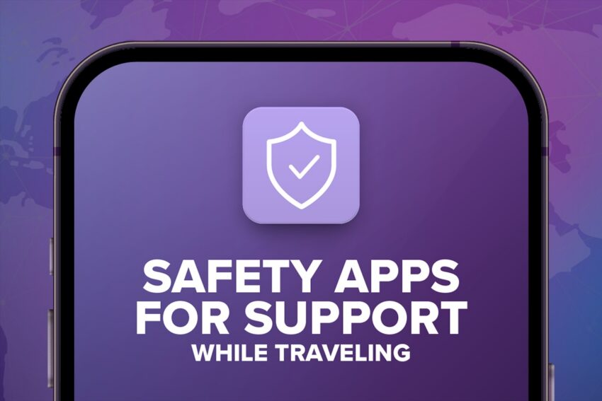 Safety apps for support while traveling with a purple background