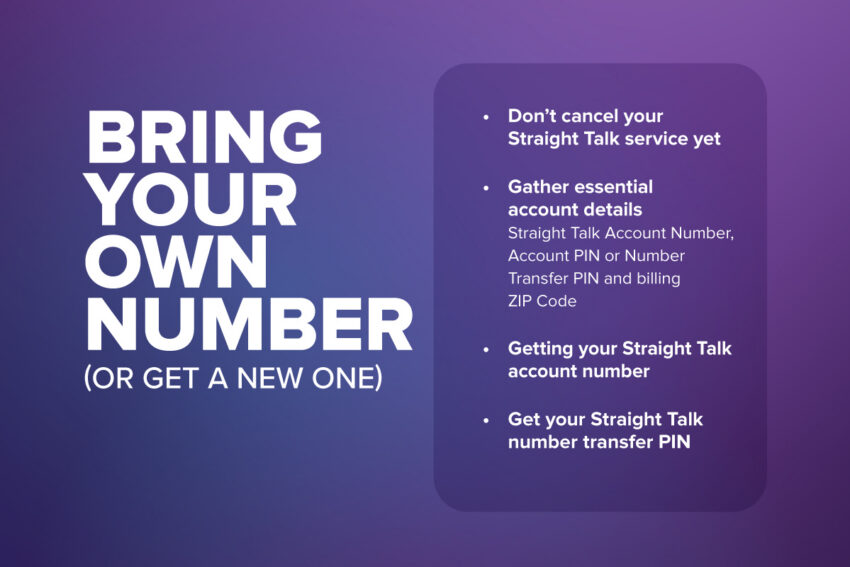 Bring your own number (or get a new one): Don't cancel your service, gather essential details, get your US mobile account number, get your transfer PIN on a purple background