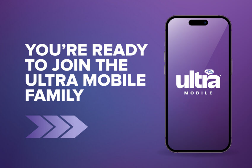 You're ready to join the Ultra Mobile family with a phone with the ultra mobile logo on it on a purple background
