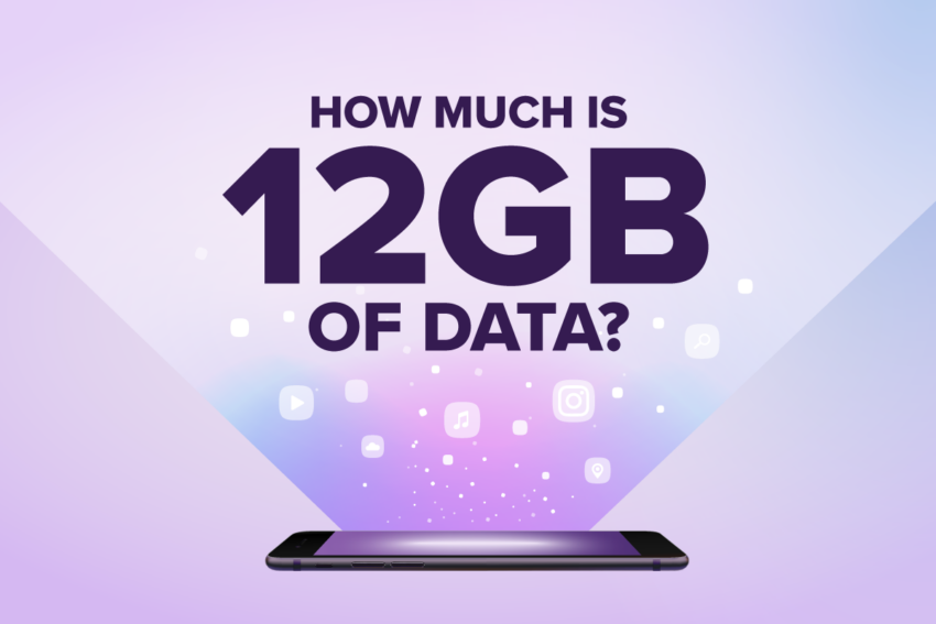 How much is 12gb of data with iphone showcasing all icons on a purple background